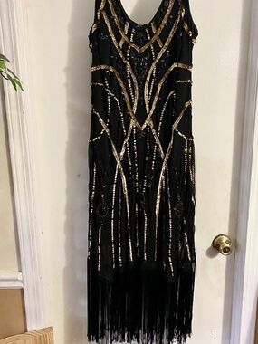 Sequin Dress Formal Black and Gold with Fringe